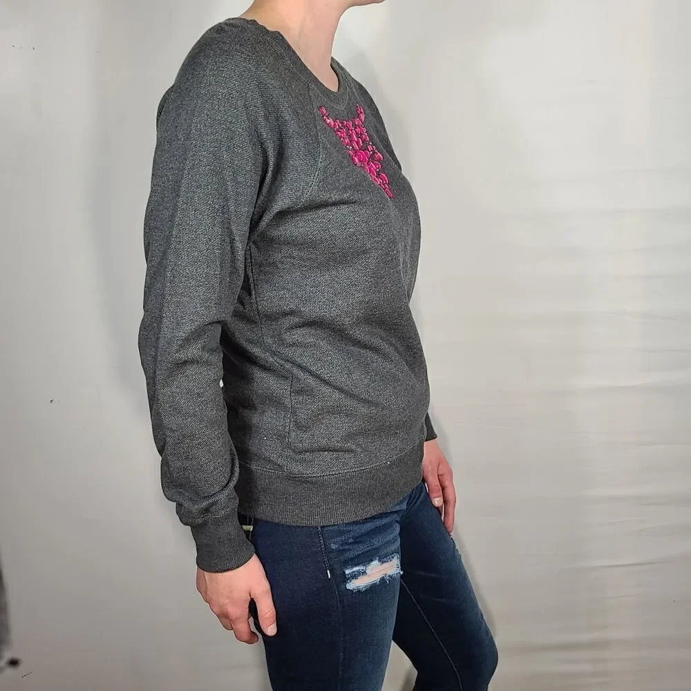 Fresh Gray and Pink Jeweled Neckline Sweater
